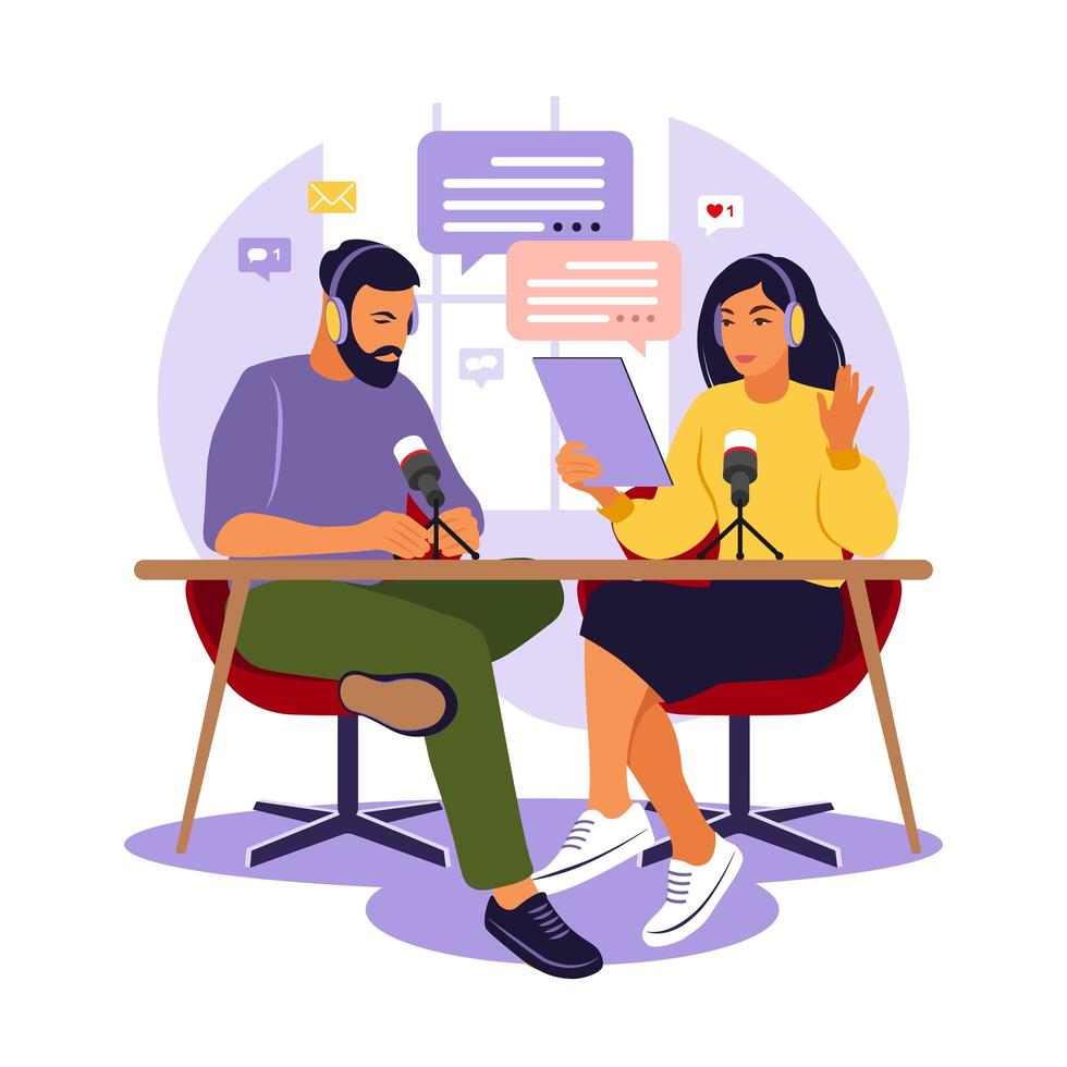 People recording podcast in studio flat vector illustration. Podcaster talking to microphone