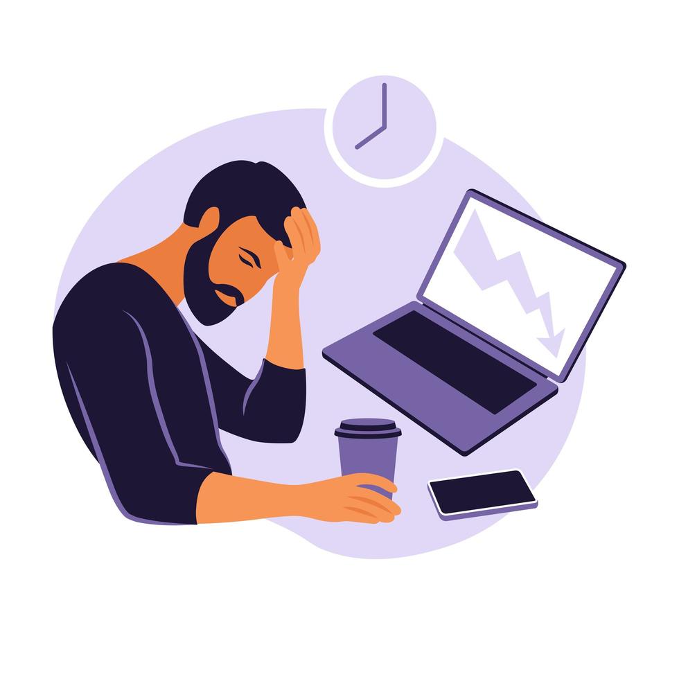 Professional burnout syndrome. Illustration tired office worker sitting at the table. Frustrated worker, mental health problems. Vector illustration in flat.