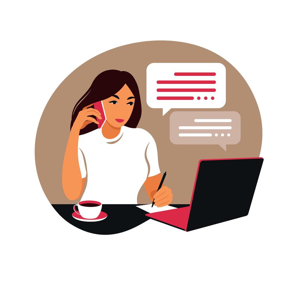 A woman works on a laptop computer and talks on the phone sitting at a table at home with a Cup of coffee and papers. Vector illustration. Flat.