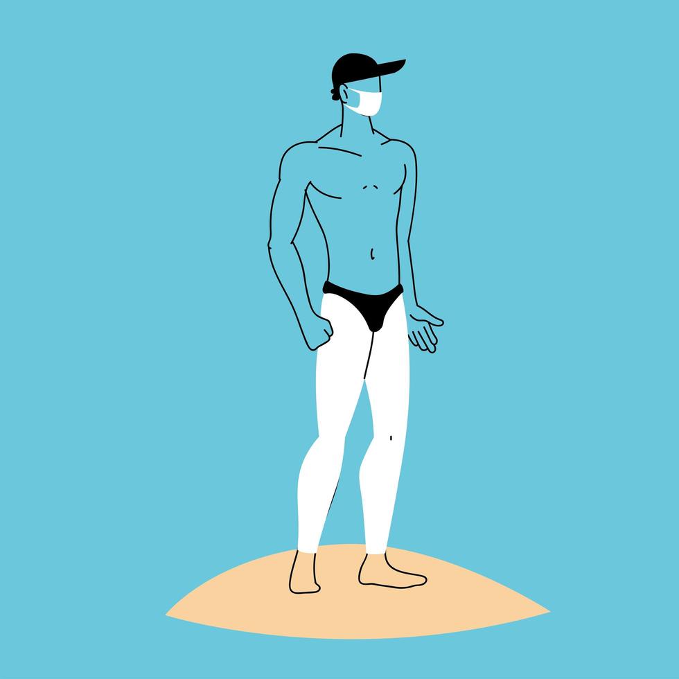 man at the beach wearing face mask vector