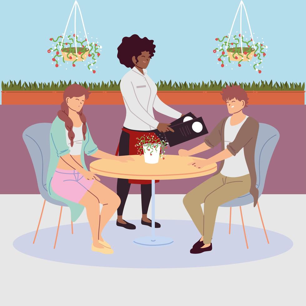 couple sitting at the restaurant table, waitress take an order vector