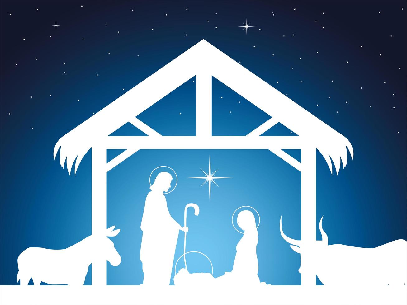 nativity, scene of baby Jesus in the manger with Mary Joseph and animals vector