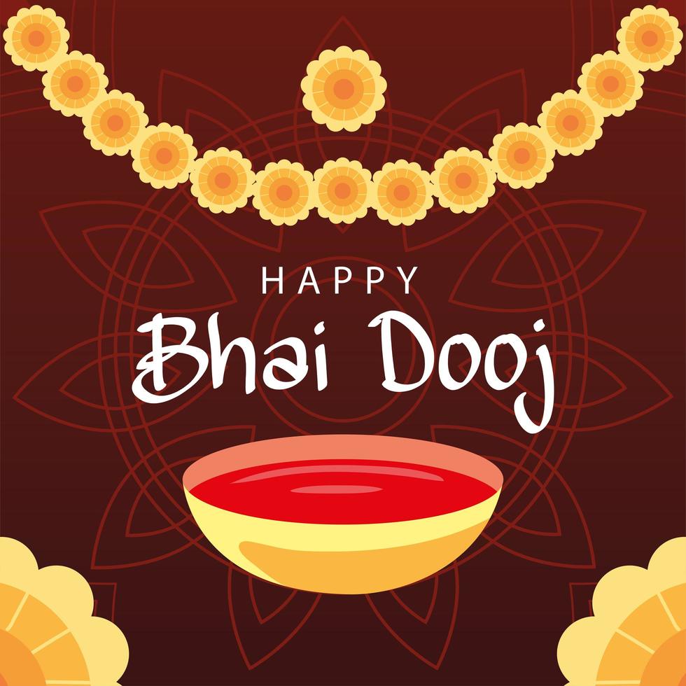 happy bhai dooj with yellow flowers and bowl vector design