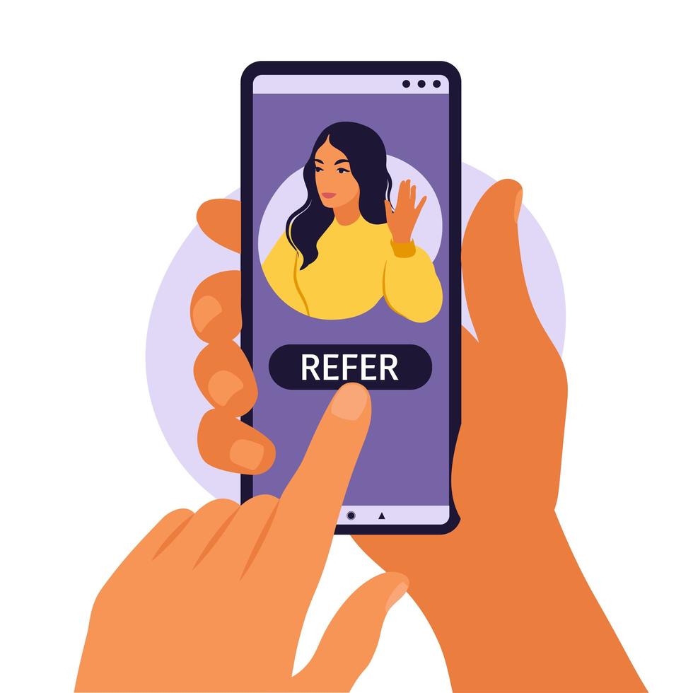 Hands holding smartphone with a woman social media profile or user account. Refer a friend, following concept for add. Vector illustration. Flat.