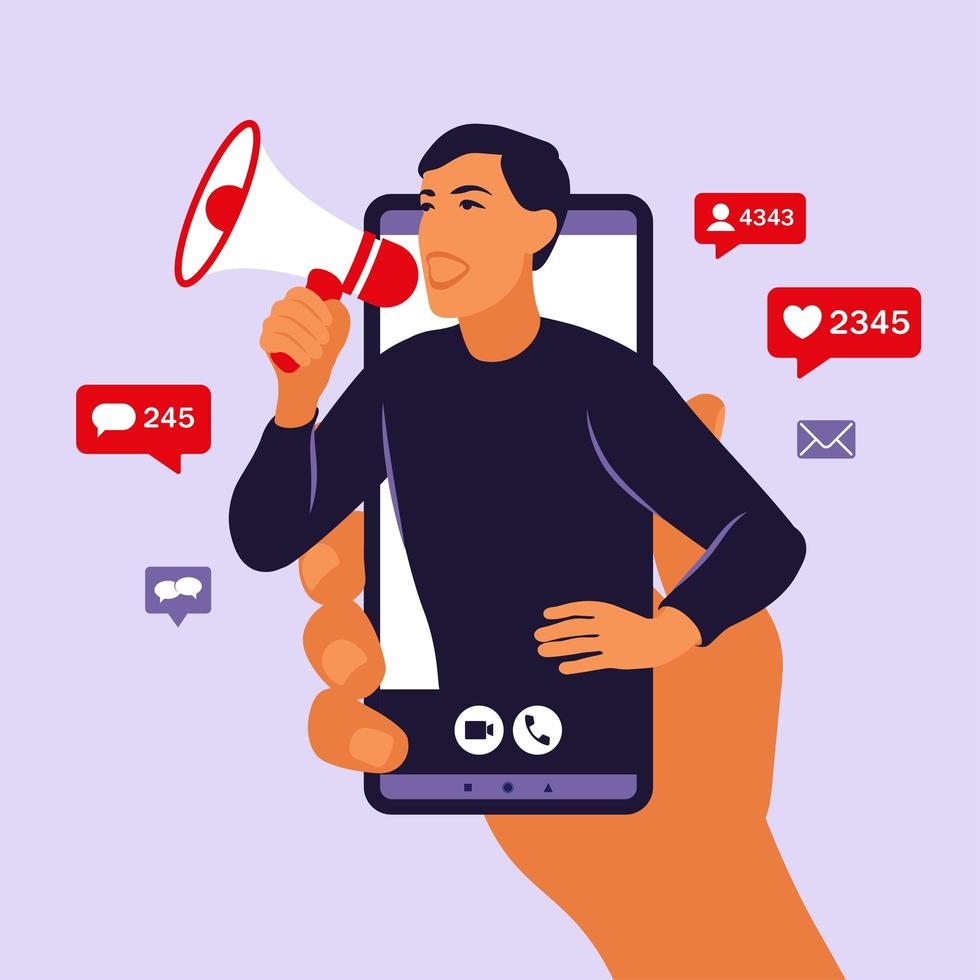 Hands holding smartphone with a man shouting in loud speaker. Influencer marketing, social media or network promotion. Blogger promotion services and goods for her followers online. Vector. vector