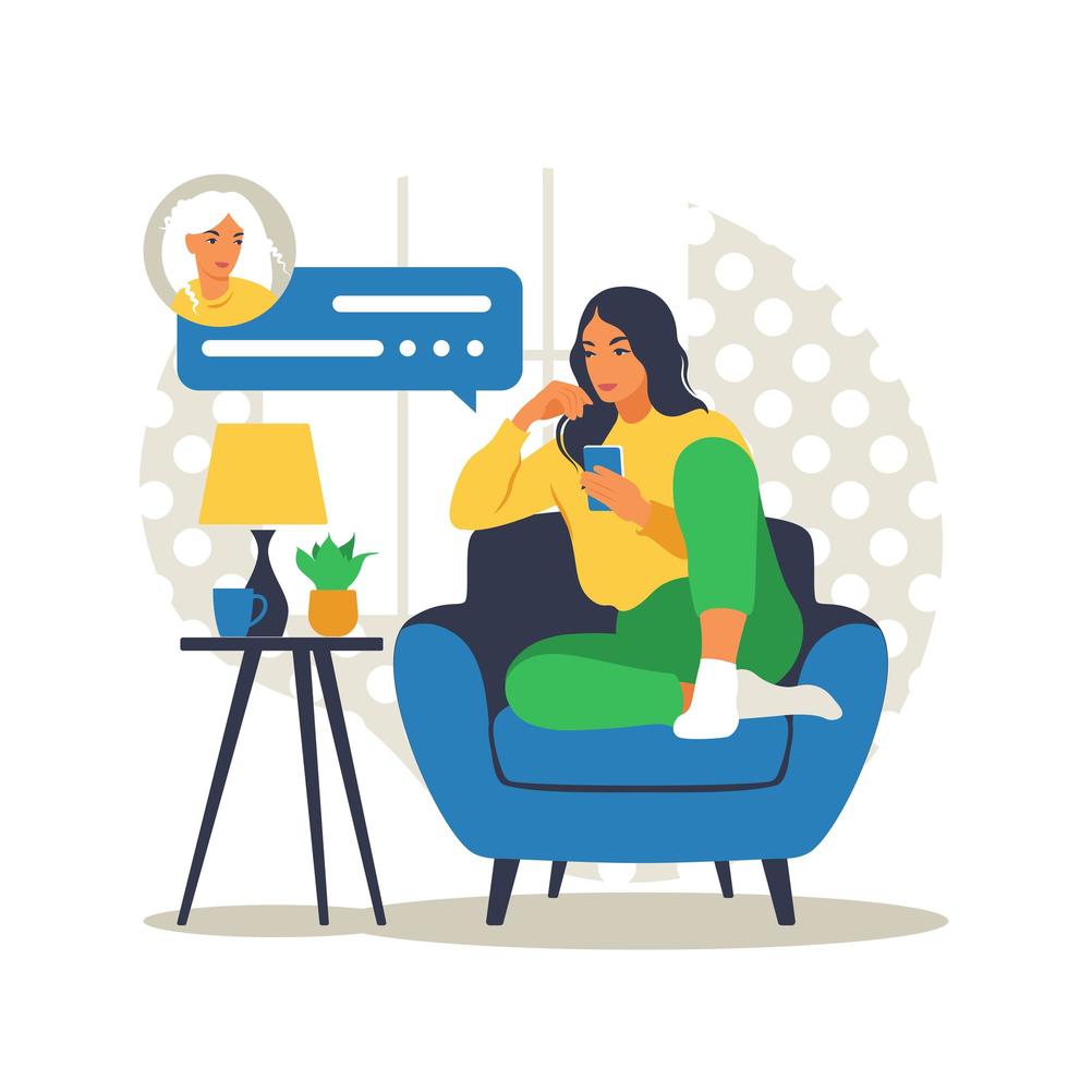 mujer sentada en el sofá con el teléfono. trabajando en el teléfono. freelance, educación en línea o concepto de redes sociales. estilo plano. ilustración vectorial aislado en blanco. vector
