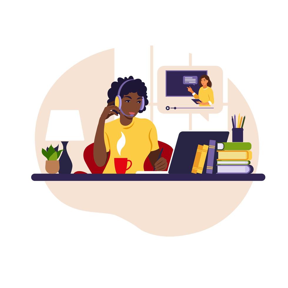 African girl study at computer. Online learning concept. Video lesson. Distance study. Can use for web banner, infographics, hero images. Vector illustration. Flat style.