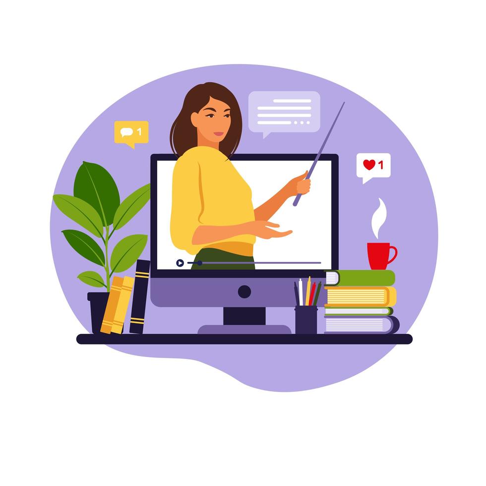 Online learning concept. Teacher at chalkboard, video lesson. Distance study at school. Vector illustration. Flat style.