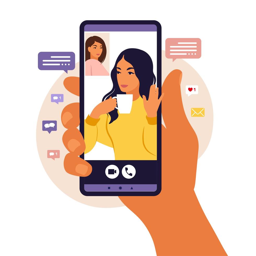 Hand holding smartphone chatting with friend during video call. Landing page. Videoconference with colleagu, distant discussion. Vector illustration. Flat style.