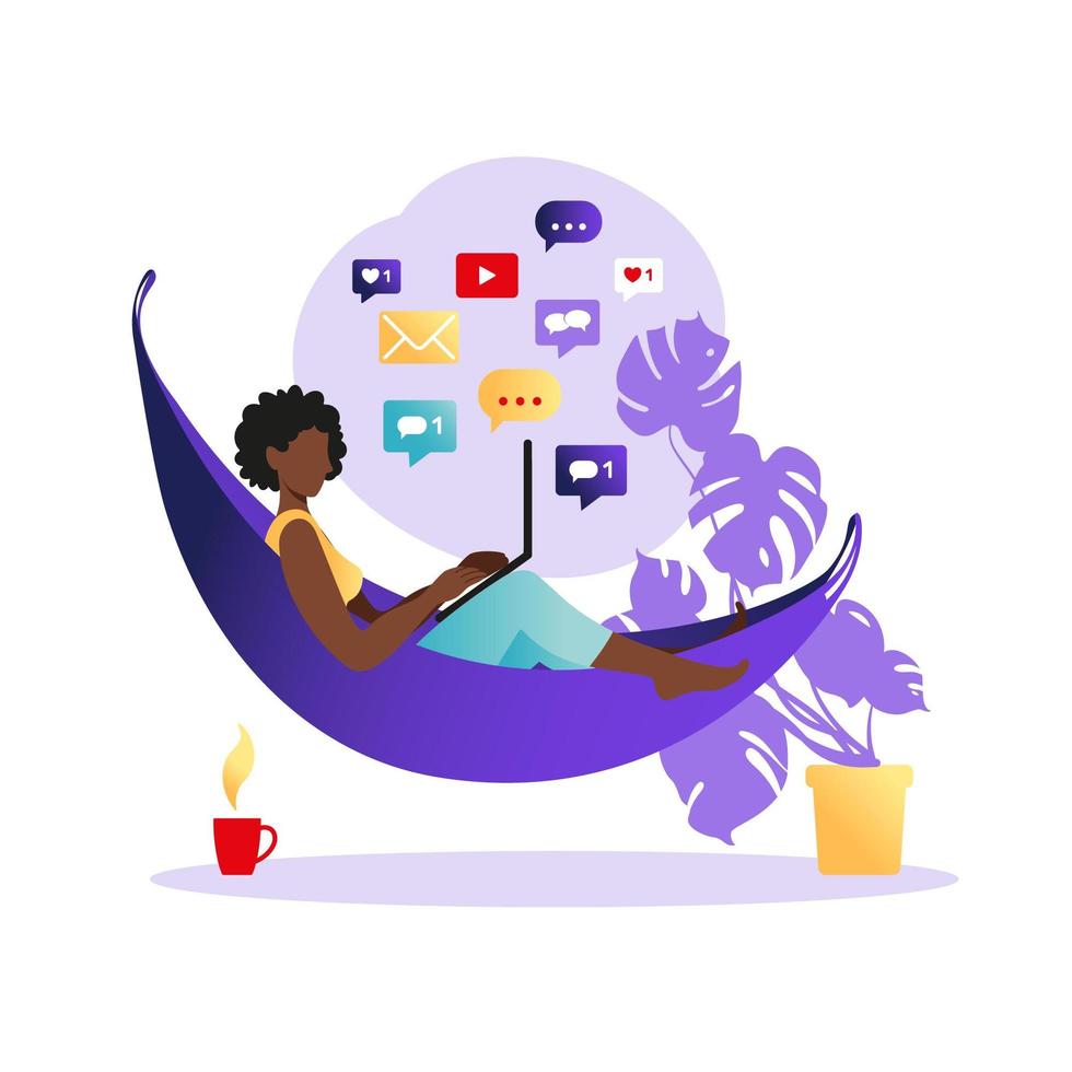 African woman sitting on hammock with laptop. Working on a computer. Freelance, online education or social media concept. Working from home, remote job. Flat style modern vector illustration.