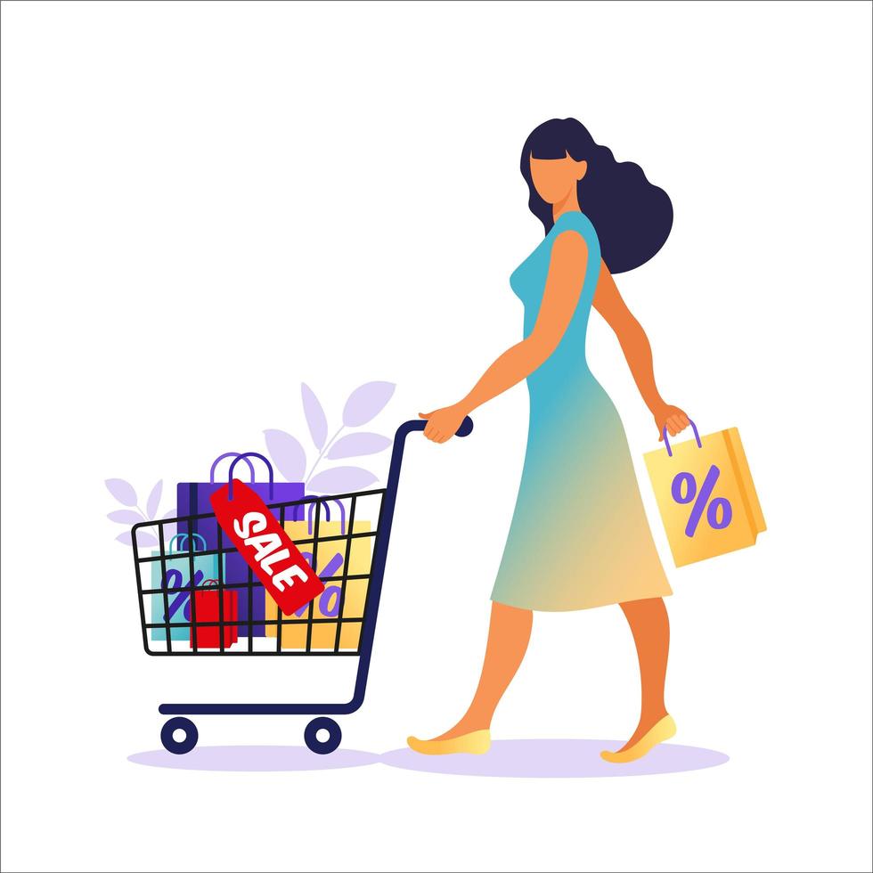 mujer joven con bolsas de papel ir con las ventas. concepto de compras en línea y fuera de línea, venta, descuento. ilustración vectorial para banner web, infografía, móvil. ilustración vectorial en estilo plano. vector