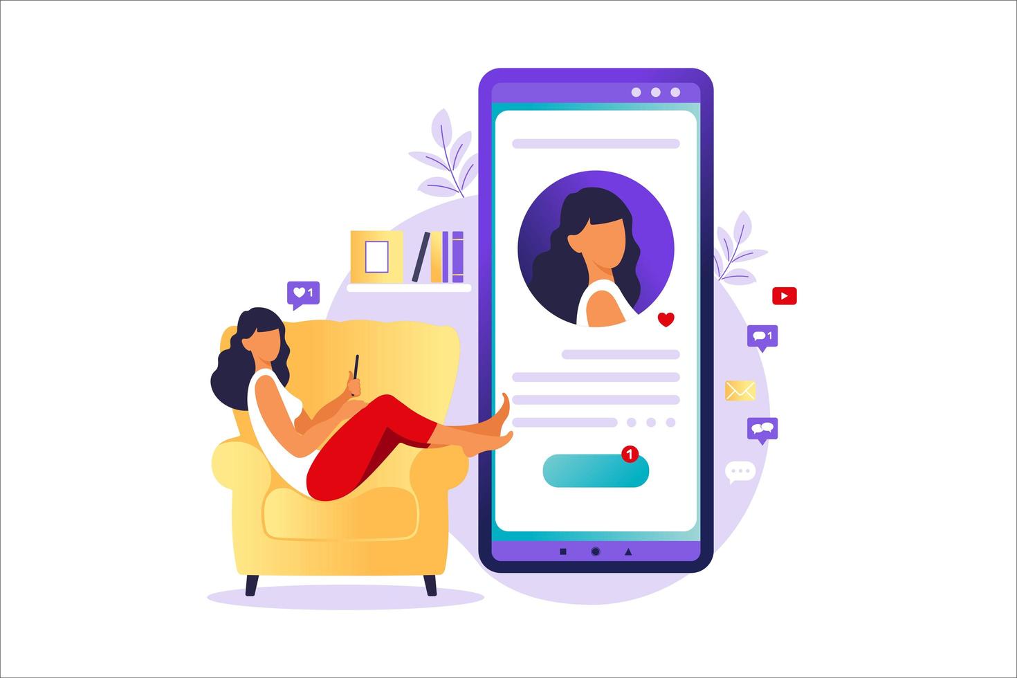 Social media profile. Smartphone with a woman avatar, text and button. Concept of social media, virtual relationship communication. Different icons with likes. Vector illustration in flat.