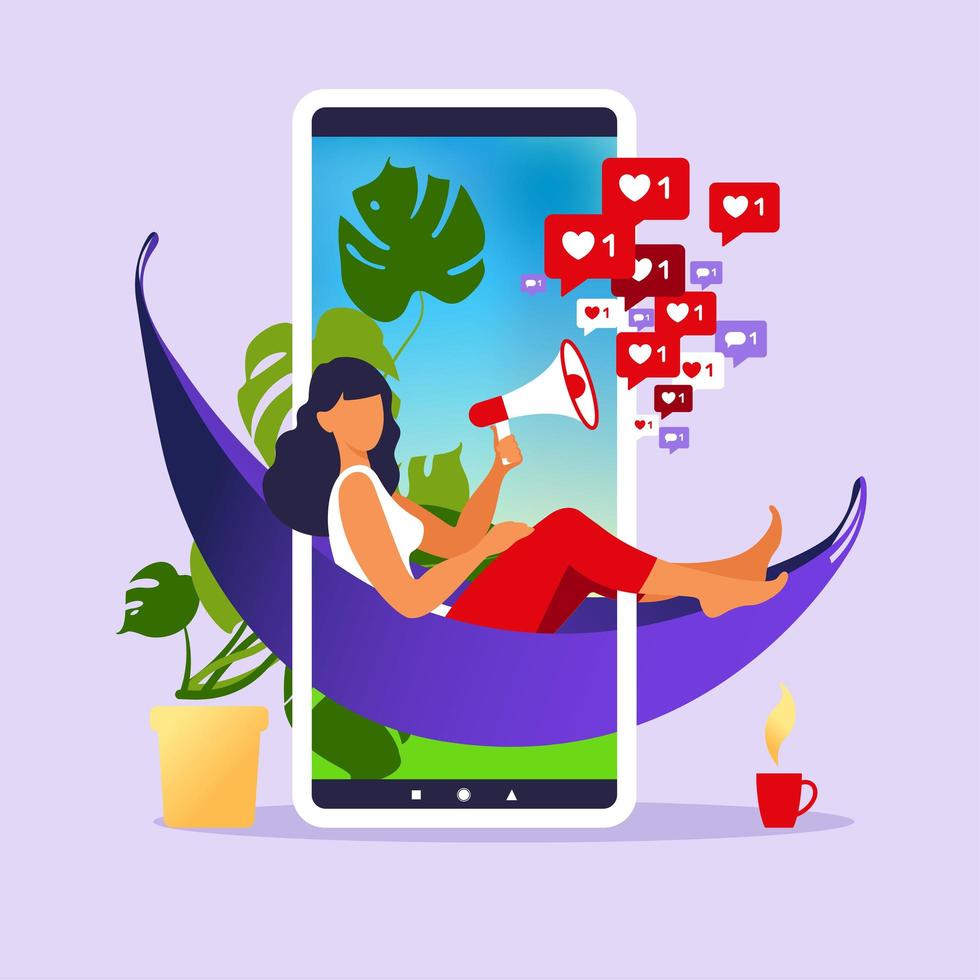 Woman with megaphone on screen mobile phone. Social media influencer. Influencer marketing concept - blogger promotion services and goods for his followers online. Flat vector illustration.