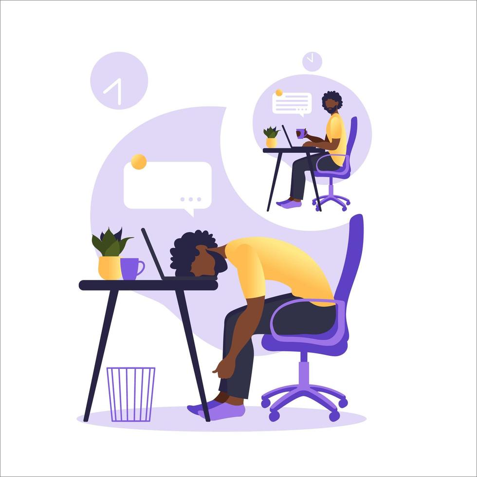 Professional burnout syndrome. Illustration with happy and tired office worker sitting at the table. Frustrated african worker, mental health problems. Vector illustration in flat.