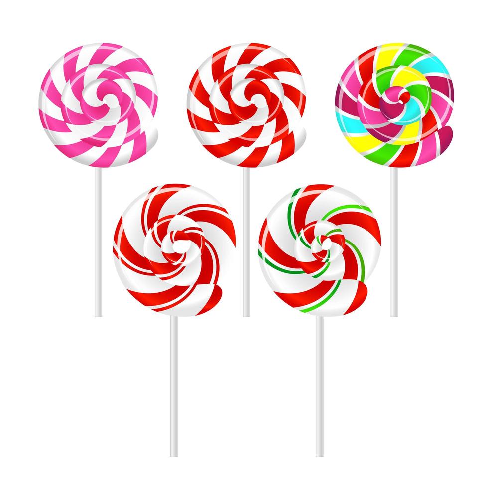 Set of realistic striped colorful lollipops on white sticks isolated on white background. Vector illustration.