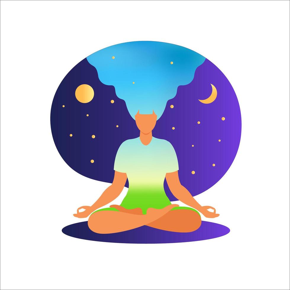 Woman meditating with nature background and her hair up. Meditation concept. Woman sitting in lotus position practicing meditation. in lotus pose. Vector illustration in flat style.