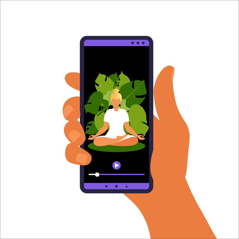Yoga online concept. Woman doing yoga exercise at home with online instructor on mobile phone. Wellness and healthy lifestyle at home. Woman doing yoga exercises. Vector illustration.