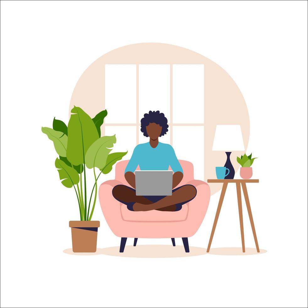 African american woman sitting on sofa with laptop. Working on a computer. Freelance, online education or social media concept. Working from home, remote job. Flat style. Vector illustration.