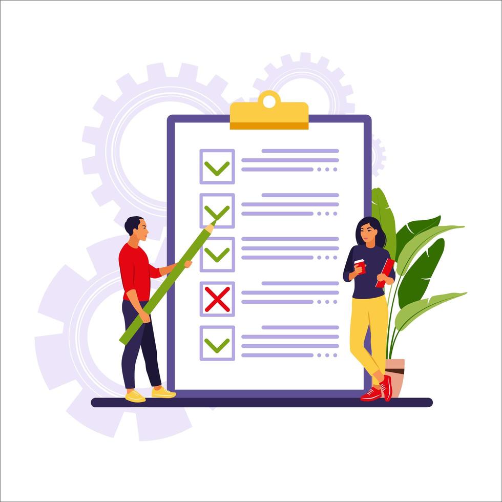 Business people checking completed tasks and prioritizing tasks in to do list. Vector illustration. Isolated flat.