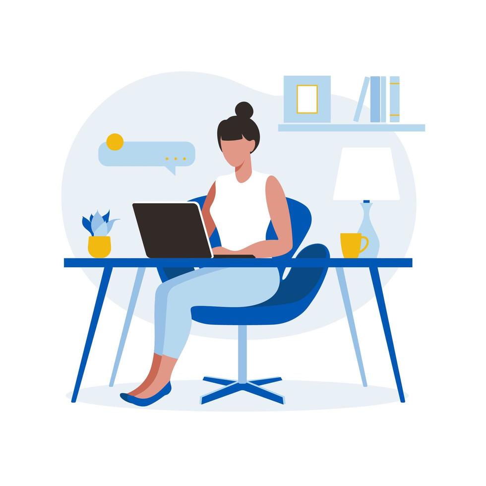 mujer sentada mesa con ordenador portátil. trabajando en una computadora. freelance, educación en línea o concepto de redes sociales. freelance o concepto de estudio. estilo plano. ilustración vectorial aislado en blanco. vector