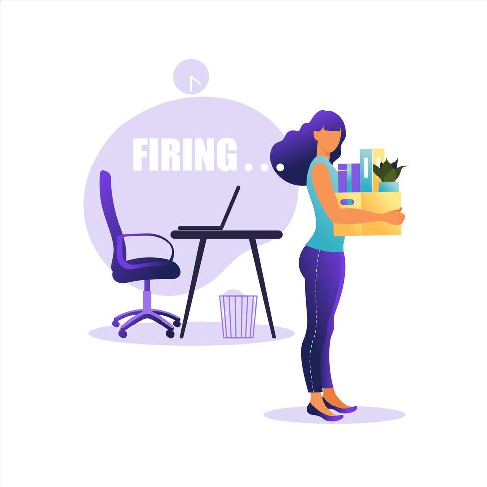 Vector illustration of firing employee. Woman standing with offices box with things. Unemployment concept, crisis, jobless and employee job reduction. Job loss.