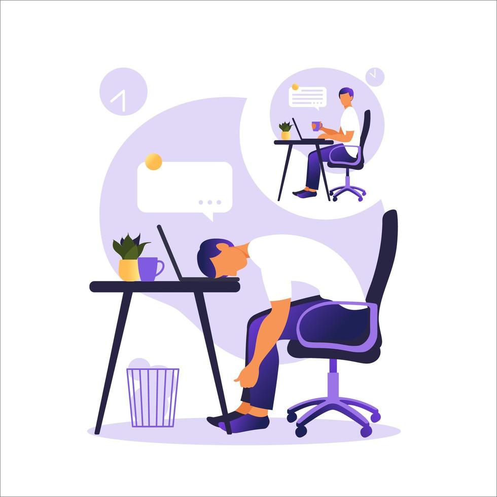 Professional burnout syndrome. Illustration with happy and tired office worker sitting at the table. Frustrated worker, mental health problems. Vector illustration in flat.
