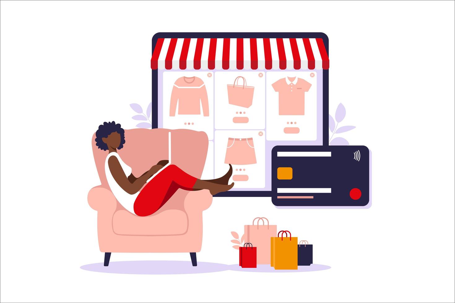 African american woman shopping online on laptop. Vector illustration. Online store payment. Bank credit card. Digital pay technology. E-paying. Flat style modern vector illustration.