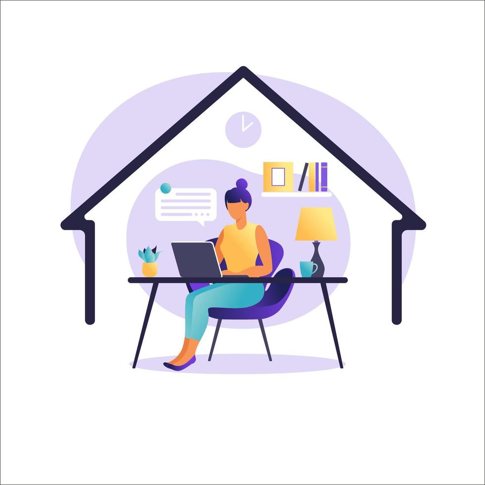 Woman sitting at the table with laptop. Working on a computer. Freelance, online education or social media concept. Working from home, remote job. Flat style. Vector illustration.