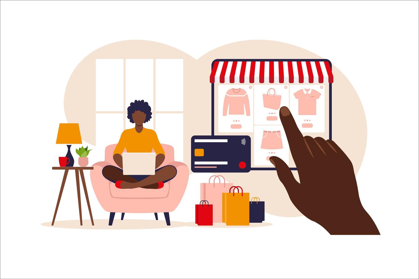 mujer africana de compras en línea en la computadora portátil. ilustración vectorial. pago de la tienda online. tarjetas de crédito bancarias. tecnología de pago digital. pago electrónico. ilustración vectorial moderna de estilo plano. vector