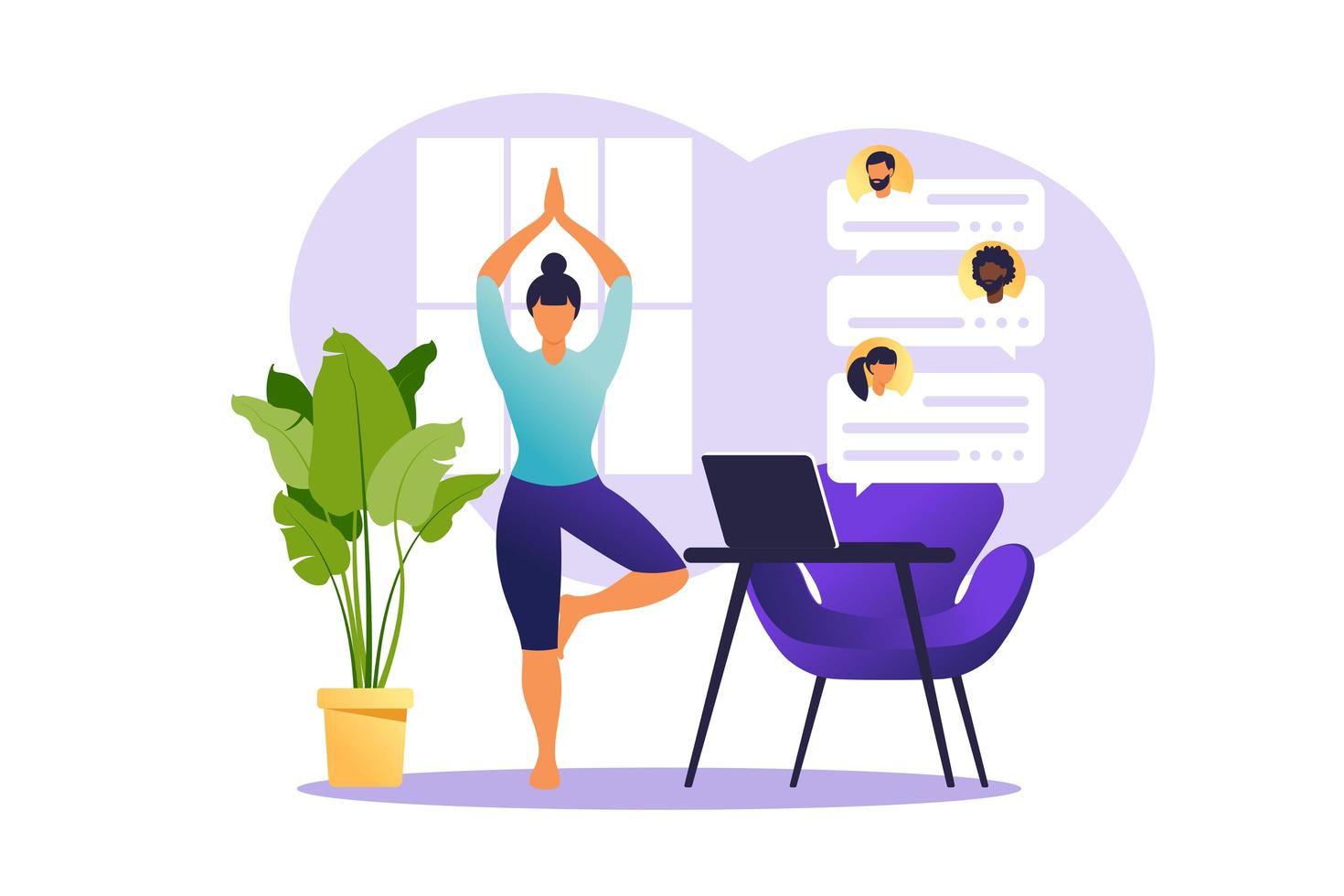 Concept freelancer woman practicing yoga and meditation on home. The girl sits in the lotus position, the thought process, the inception and the search for ideas. Time management. Vector illustration.