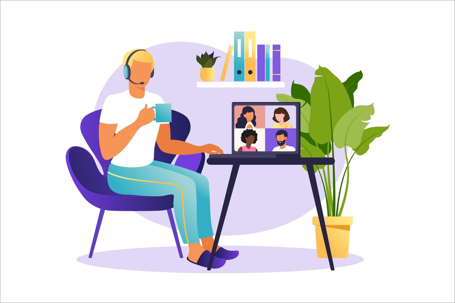 Online meeting via group call. People on computer screen speaking with colleague or friend. Illustrations concept video conference, online meeting or work from home. Vector illustration in flat style.