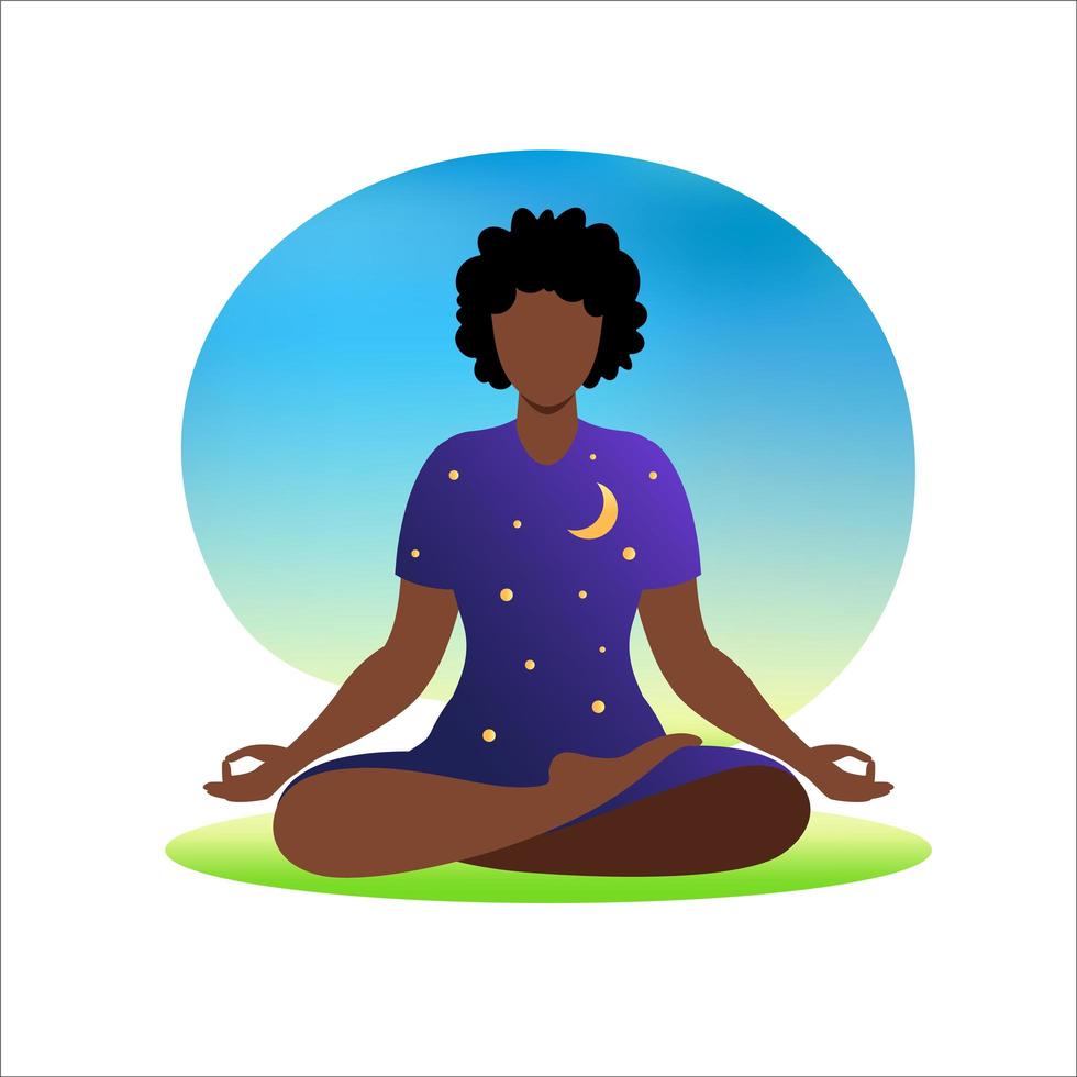 African woman meditating with nature background and her hair up. Meditation concept. Woman sitting in lotus position practicing meditation. in lotus pose. Vector illustration in flat style.