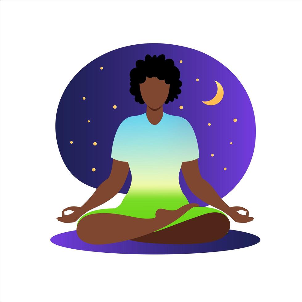 mujer africana meditando con el fondo de la naturaleza y el pelo recogido. concepto de meditación. mujer sentada en posición de loto practicando meditación. en postura de loto. ilustración vectorial en estilo plano. vector