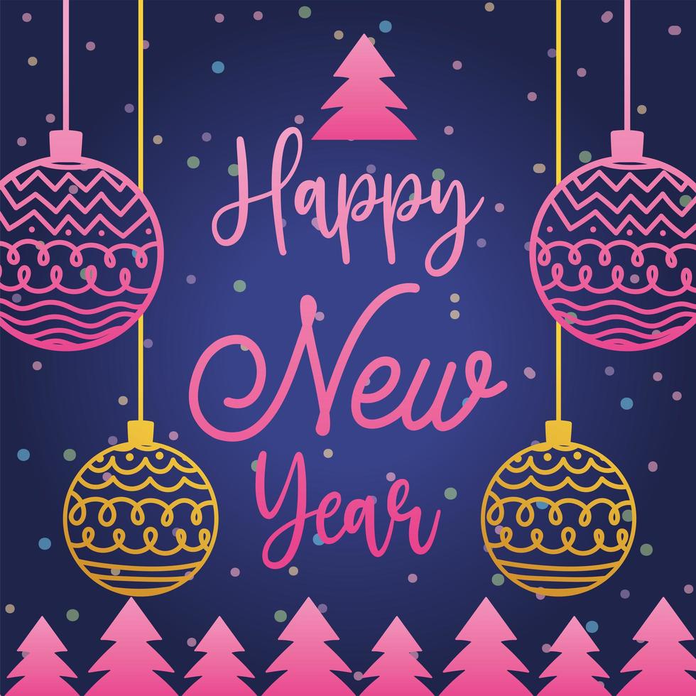 happy new year gradient pink balls trees and lettering vector