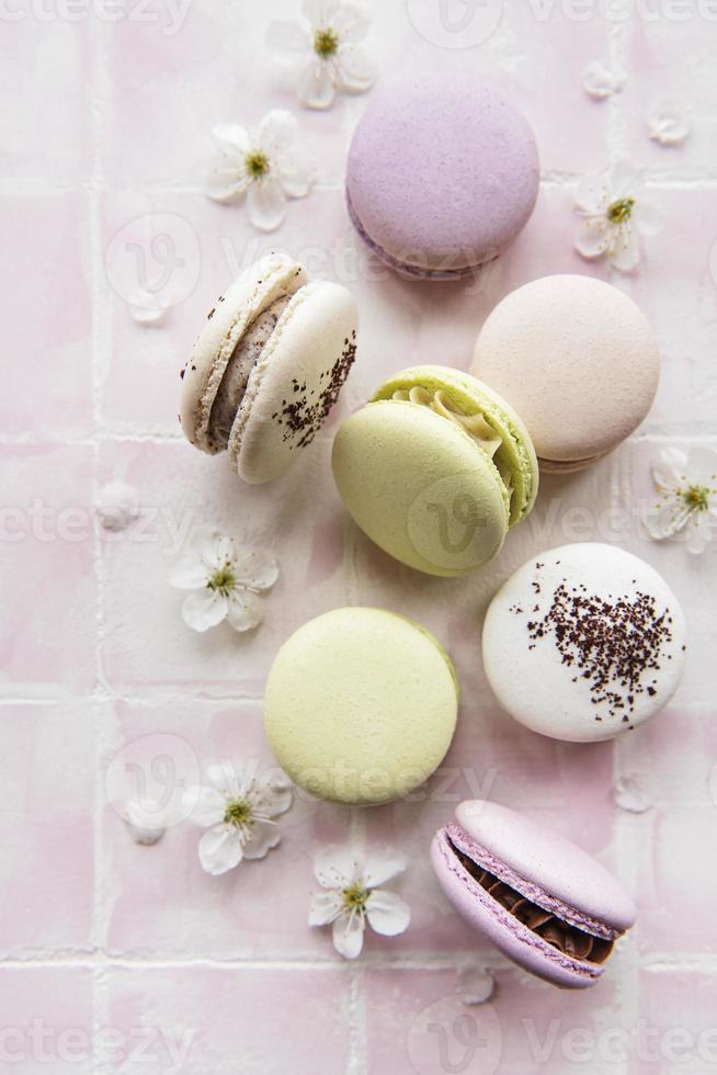 Colorful french macaroons photo