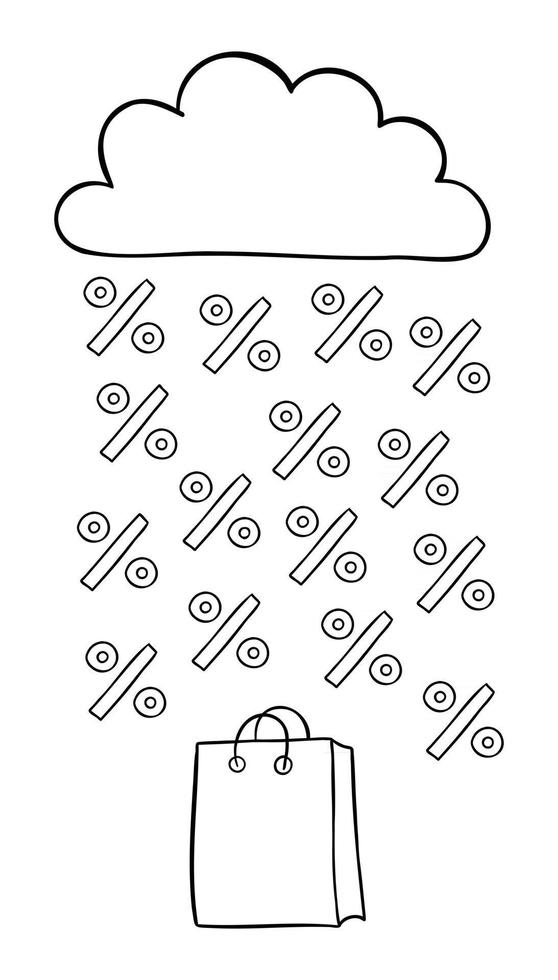 Cartoon Vector Illustration of Shopping Bag Cloud and Discount Rain