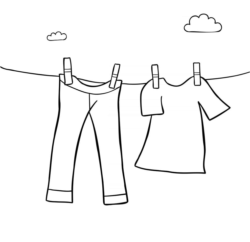 Ilustración de vector de dibujos animados de colgar pantalones vaqueros y camiseta de lavandería