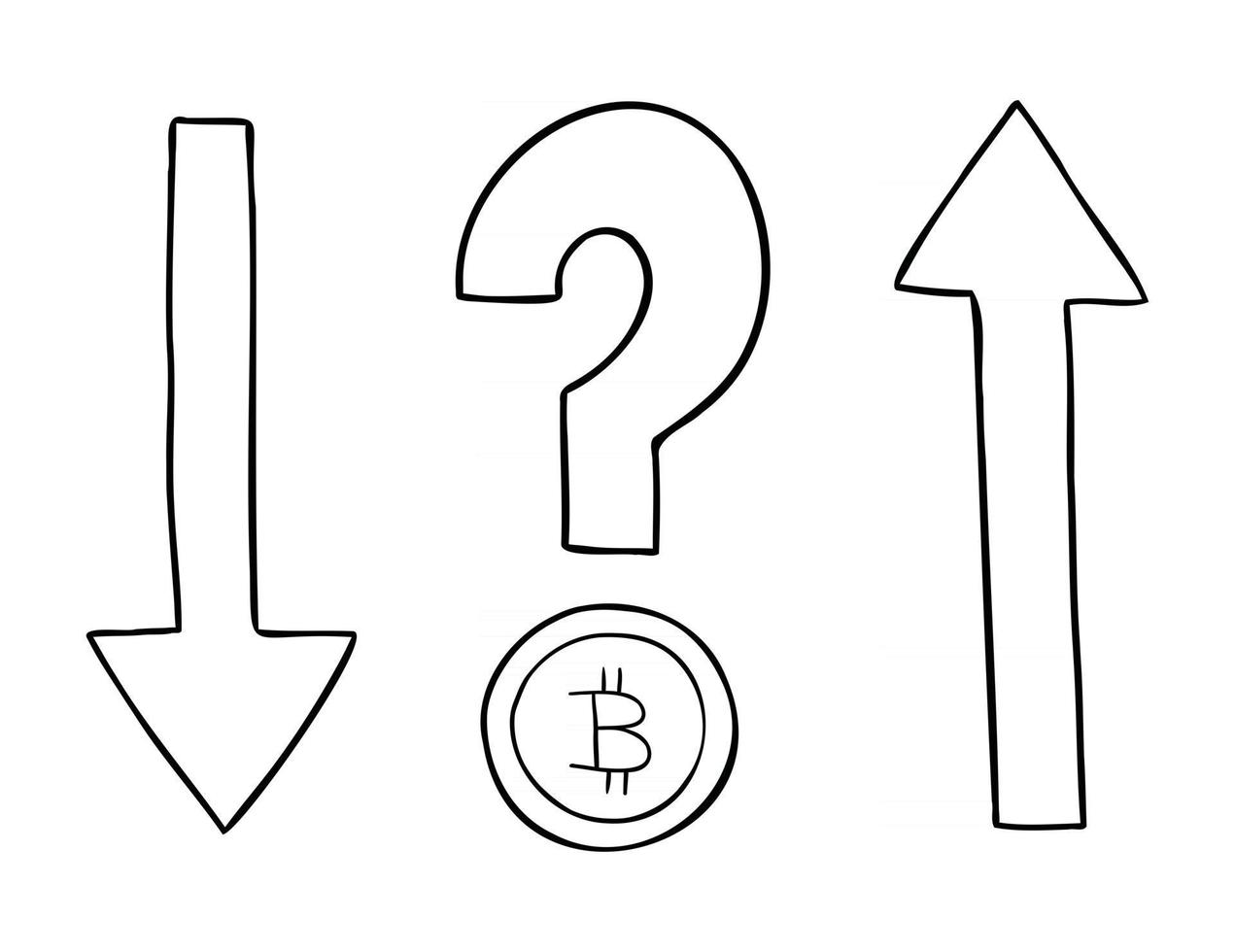 Ilustración vectorial de dibujos animados de criptomoneda bitcoin con signo de interrogación y flechas hacia arriba y hacia abajo vector