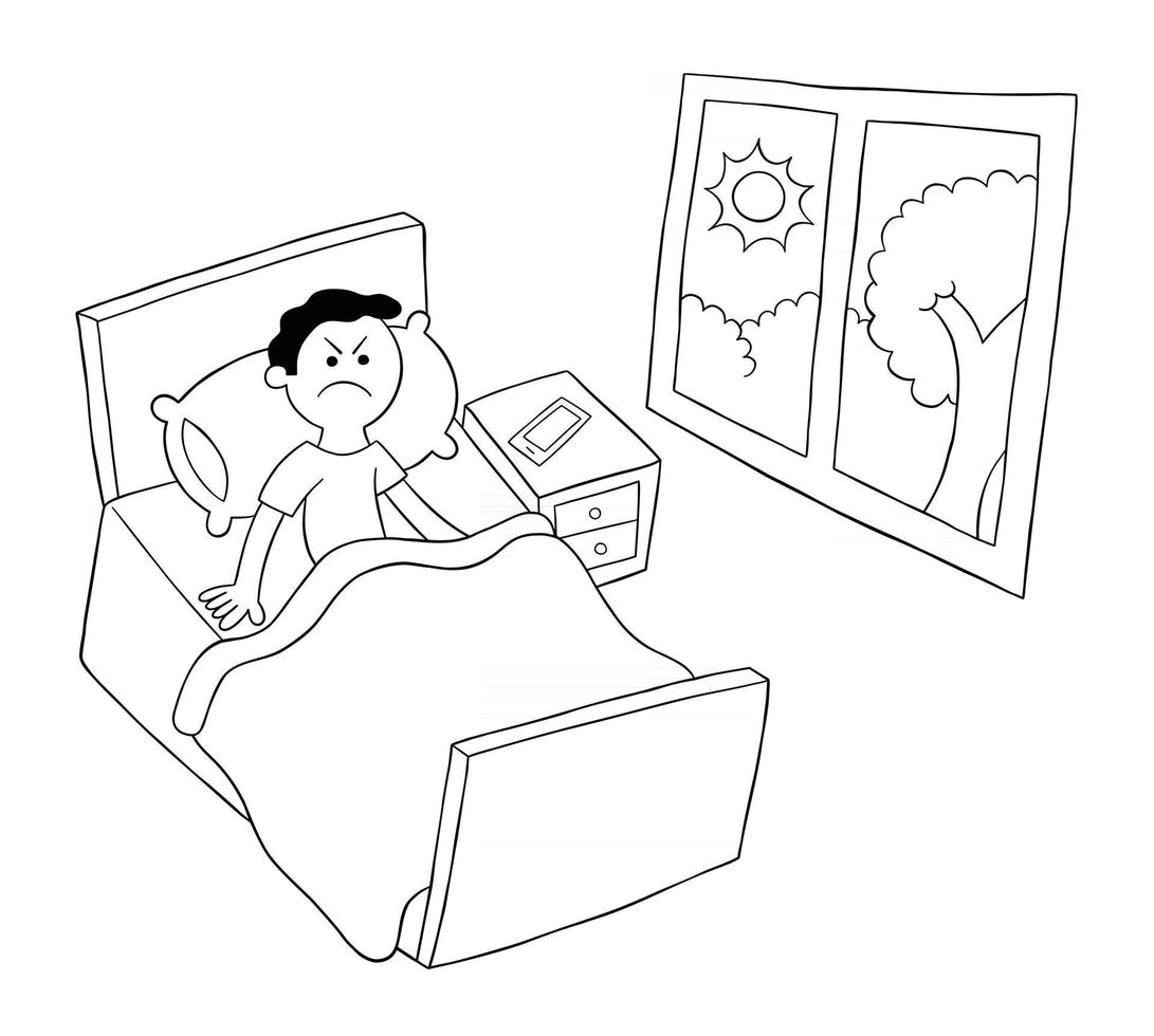 Cartoon Man Woke Up in the Morning But Very Angry Vector Illustration
