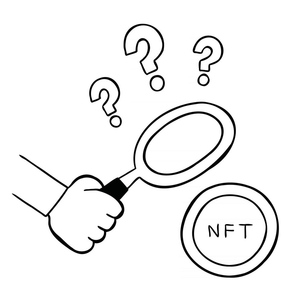 Cartoon Vector Illustration of Looking at Nft Crypto Art with a Magnifying Glass and Question Marks