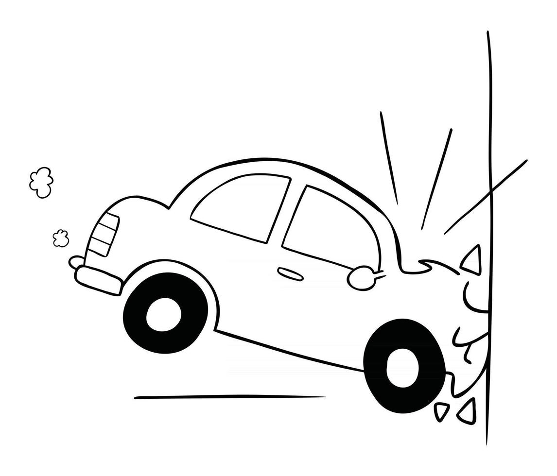 Ilustración de vector de dibujos animados de accidente de coche chocando contra la pared