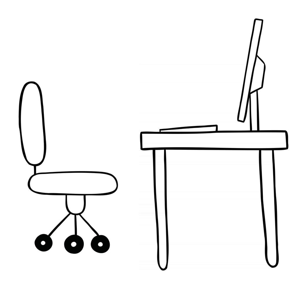 Cartoon Vector Illustration of Desk with Chair Monitor and Computer