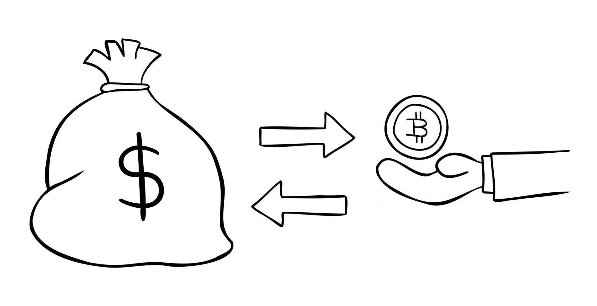 ilustración vectorial de dibujos animados de un saco de dólares y 1 intercambio de bitcoin vector