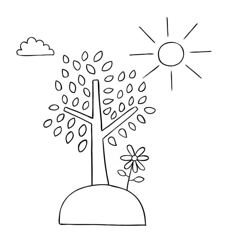 Ilustración de vector de dibujos animados de margaritas de hierbas de árbol y clima soleado