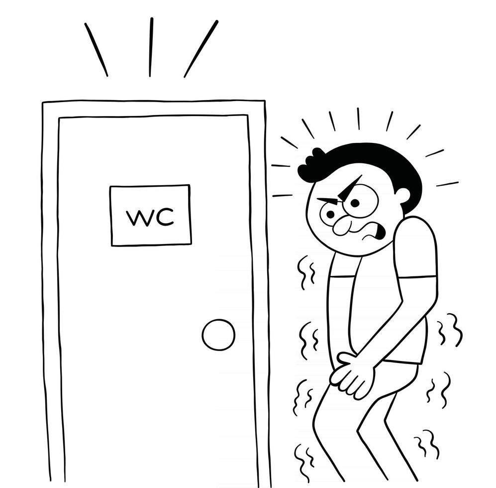 Cartoon Man Waiting at the Toilet Door Vector Illustration