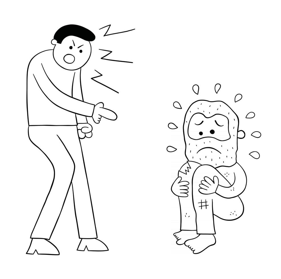 Cartoon Bad Man Insults Homeless Man Vector Illustration