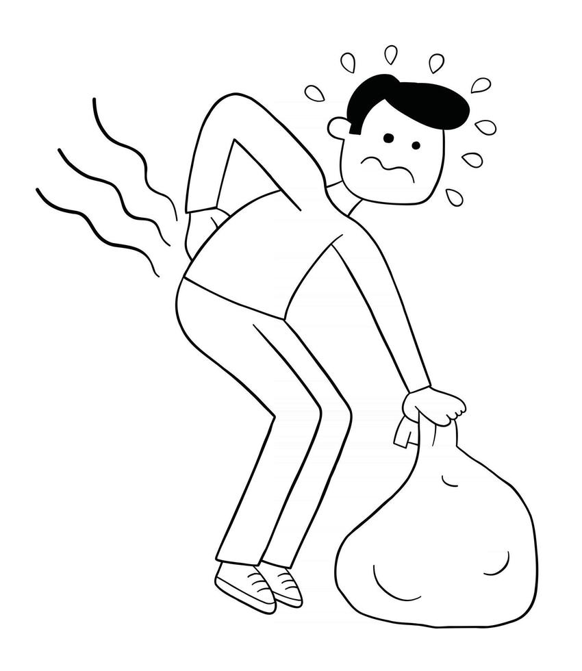 Cartoon Man Bends Down to Pick Up the Sack But His Back Hurts Vector Illustration