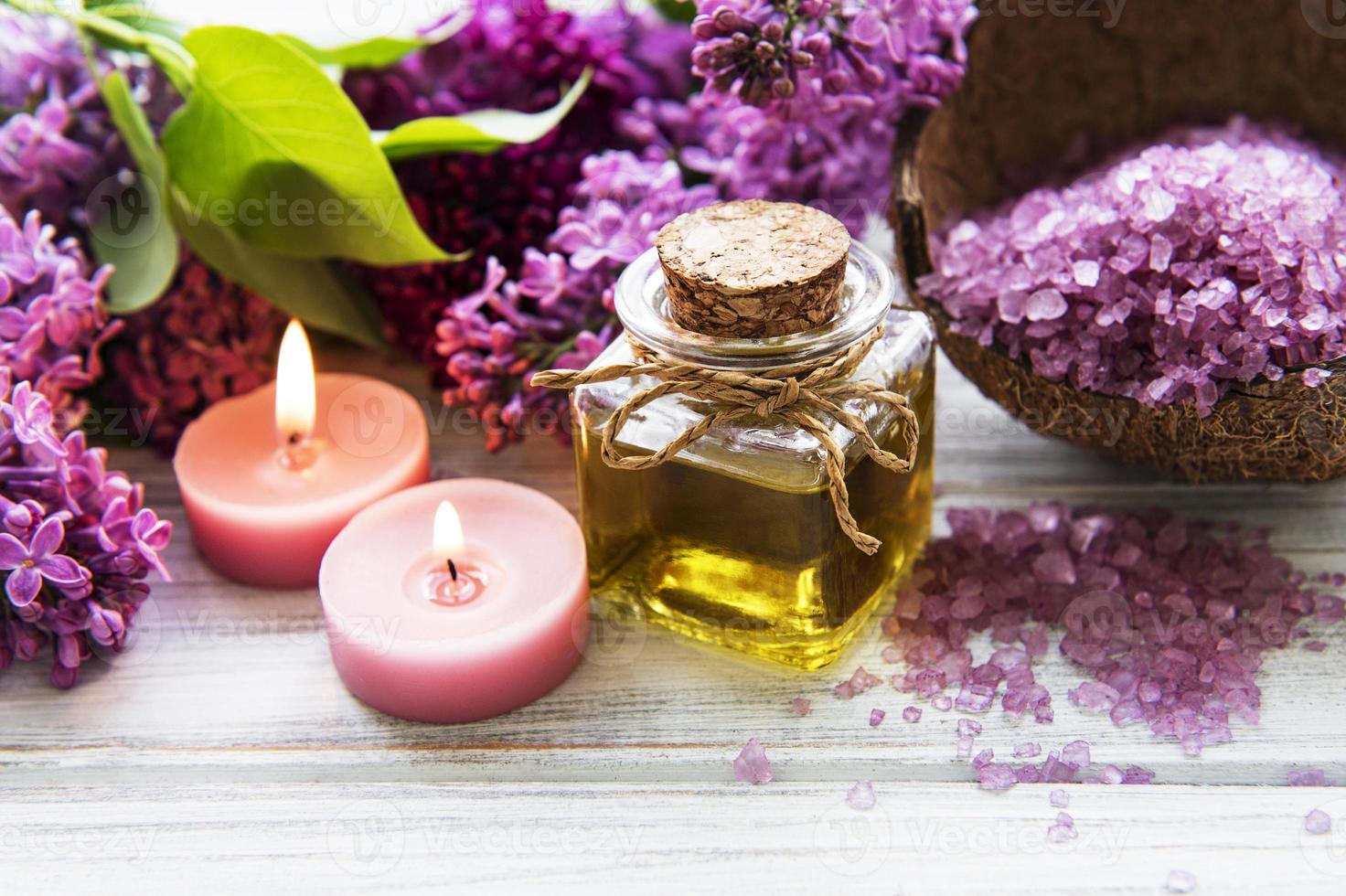 Spa setting with lilac flowers photo