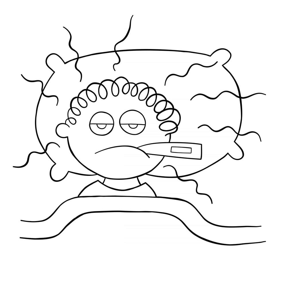 hombre de dibujos animados está acostado y tiene una ilustración de vector de fiebre
