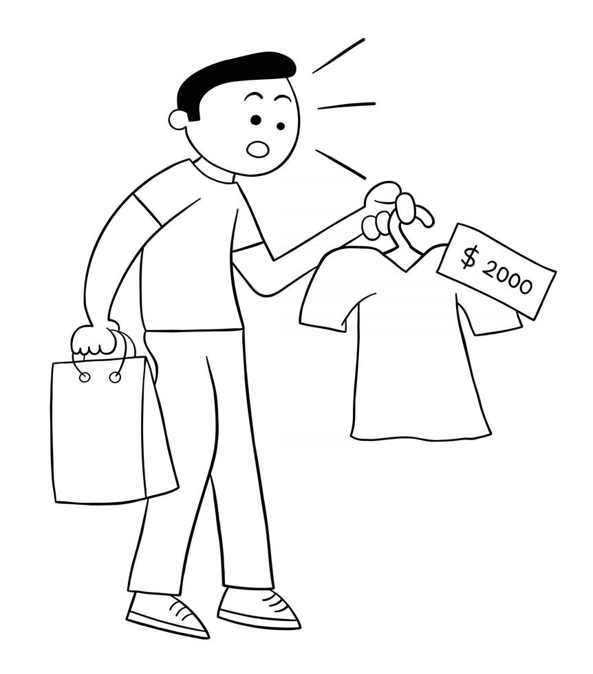 Cartoon Man Surprised to See the High Price of the Shirt Vector Illustration